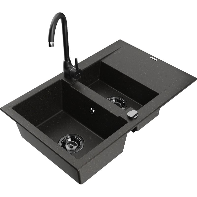 Zlewozmywak granitowy 1.5-komorowy Mexen Gaspar z ociekaczem i baterią kuchenną Telma czarny/złoty 6507-75-670200-70-B