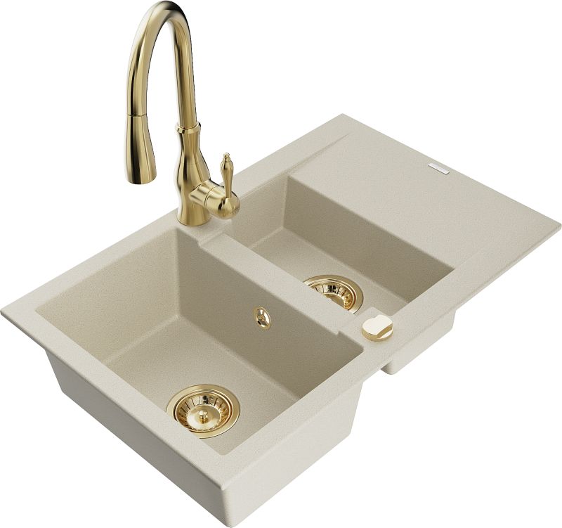 Zlewozmywak granitowy Mexen Gaspar 1,5-komorowy z ociekaczem i baterią kuchenną Savita beżowy 6507-69-672601-50