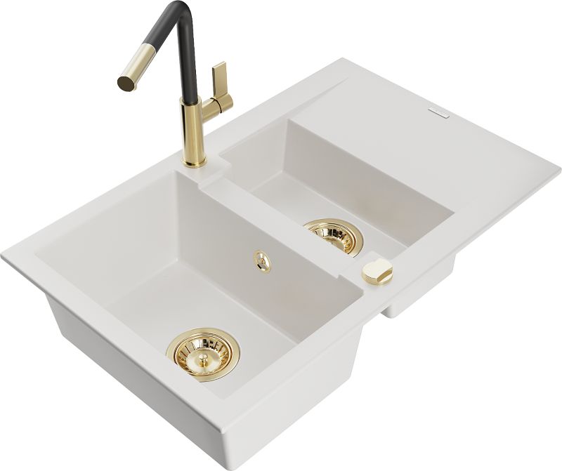 Zlewozmywak granitowy Mexen Gaspar 1,5-komorowy z ociekaczem i baterią kuchenną Flora biały 6507-20-670401-57-G