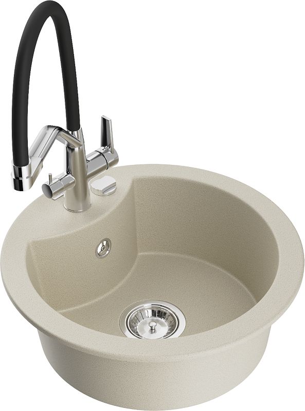 Zlewozmywak granitowy Mexen Diego 1-komorowy z baterią kuchenną Duo beżowy 6512-69-671701-07