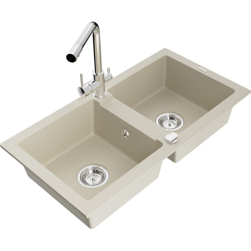 Zlewozmywak granitowy 2-komorowy Mexen Mario z baterią kuchenną Duero beżowy 6504-69-671600-00