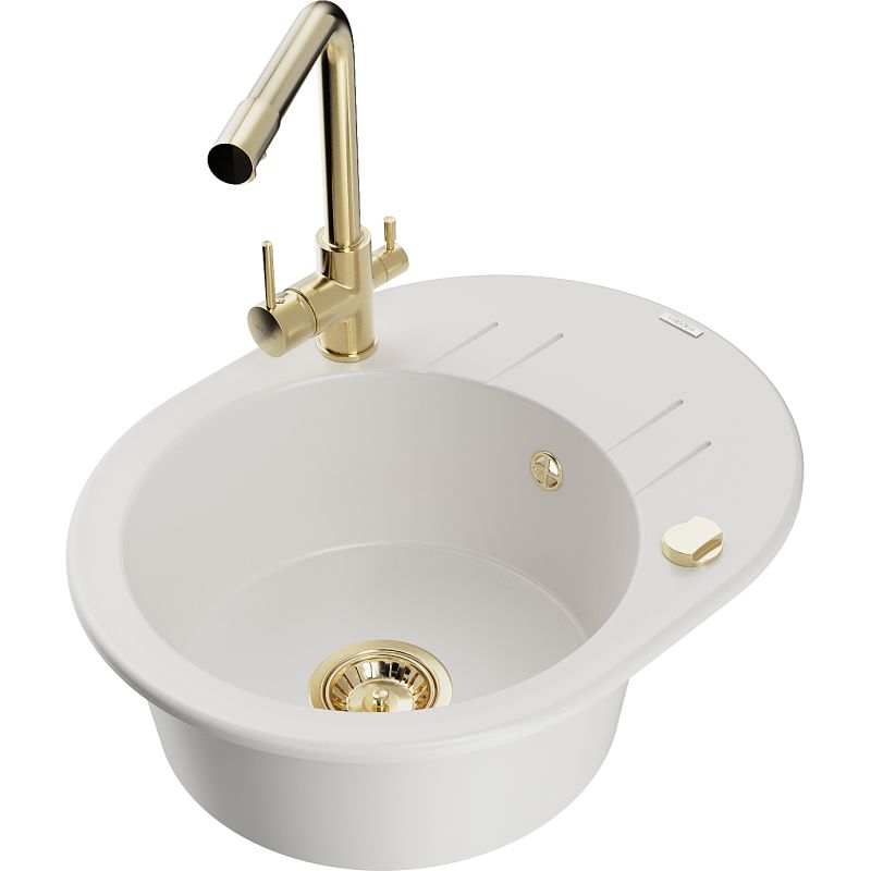 Zlewozmywak granitowy 1-komorowy Mexen Kevin z ociekaczem i baterią kuchenną Duero biały 6517-20-671600-50