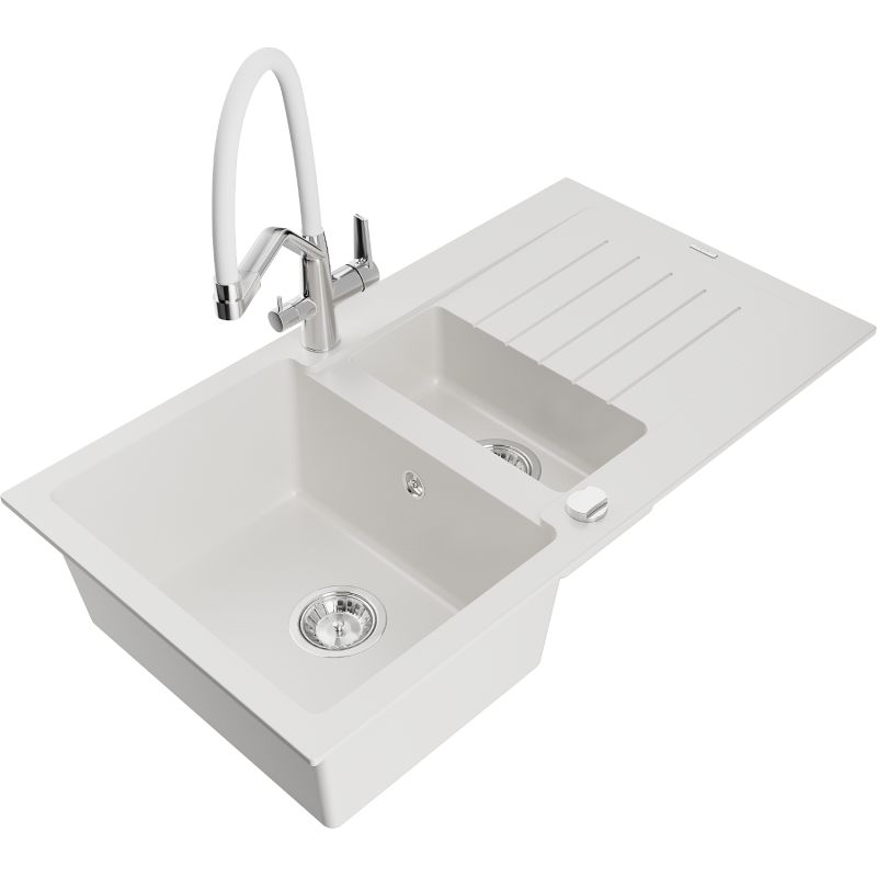 Zlewozmywak granitowy 1.5-komorowy Mexen Matias z ociekaczem i baterią kuchenną Duo biały 6502-20-671701-02