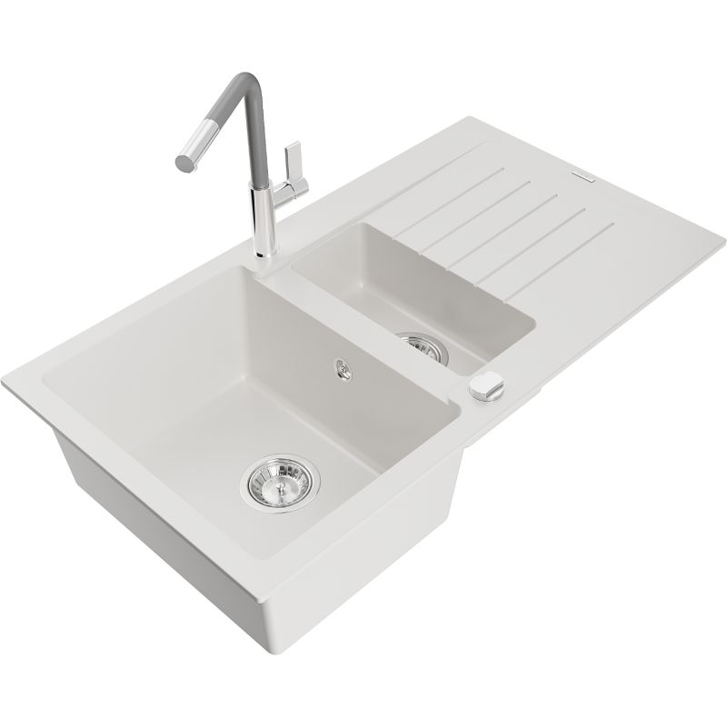 Zlewozmywak granitowy 1.5-komorowy Mexen Matias z ociekaczem i baterią kuchenną Flora biały 6502-20-670401-06