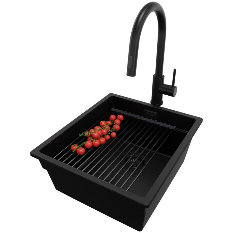 Zlewozmywak Granitowy Praga Slim PRIMAGRAN Nablatowy 41x47cm, Cały Czarny + Bateria + Syfon + Akcesorium, S139, 1 szt.