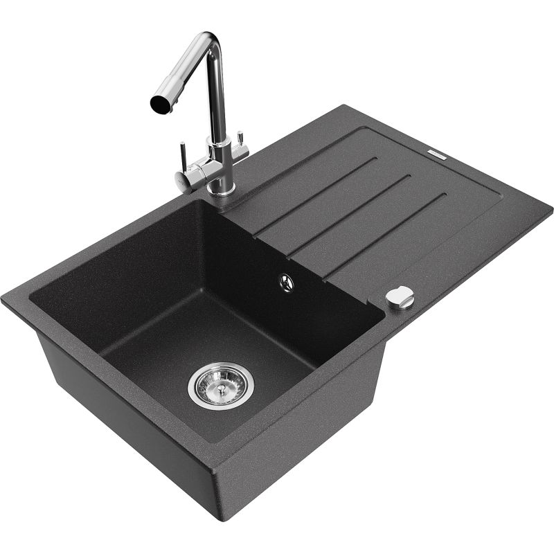 Zlewozmywak granitowy 1-komorowy Mexen Bruno z ociekaczem i baterią kuchenną Duero czarny nakrapiany 6513-76-671600-00