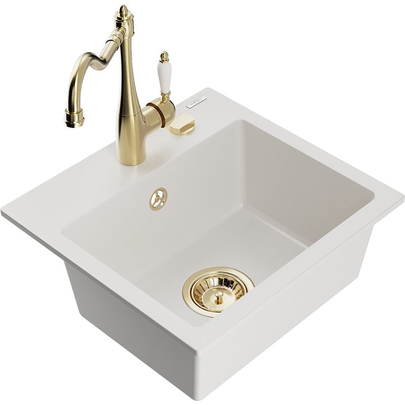 Zlewozmywak granitowy 1-komorowy Mexen Milo z baterią kuchenną Carla biały 6505-20-670700-50