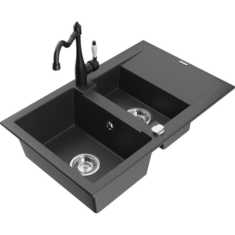 Zlewozmywak granitowy 1.5-komorowy Mexen Gaspar z ociekaczem i baterią kuchenną Carla czarny/srebrny - 6507-73-670700-70-B 1 szt.