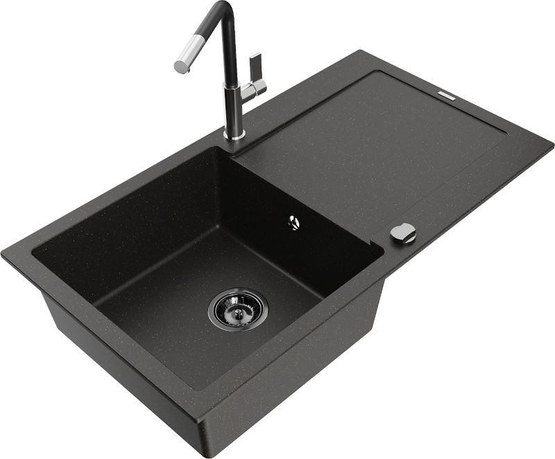 Zlewozmywak granitowy Mexen Leo 1-komorowy z ociekaczem i baterią kuchenną Flora czarny/złoty 6501-75-670401-07-B