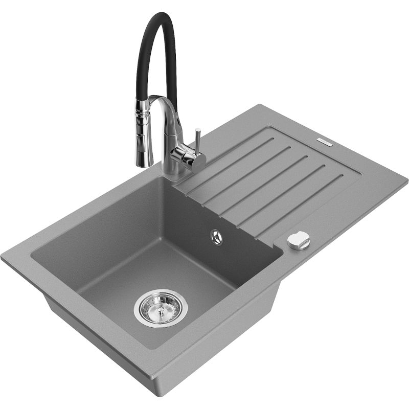 Zlewozmywak granitowy 1-komorowy Mexen Pablo z ociekaczem i baterią kuchenną Aster szary 6510-71-73450-07