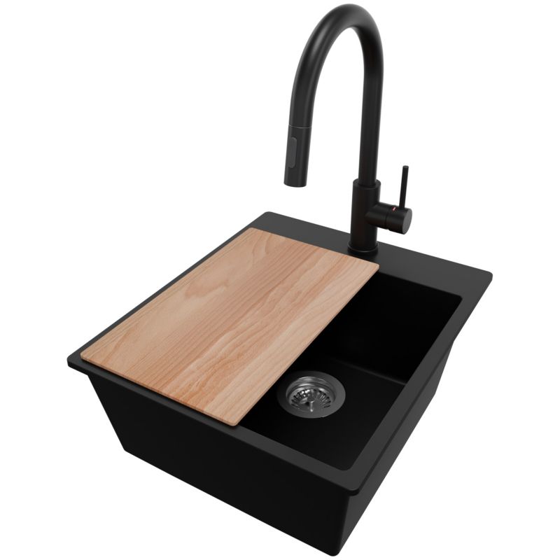 Zlewozmywak Granitowy Ryga PRIMAGRAN Nablatowy 43x50cm do szafki od 45cm z Syfonem i Baterią i Dodatkiem Czarny 1 szt.