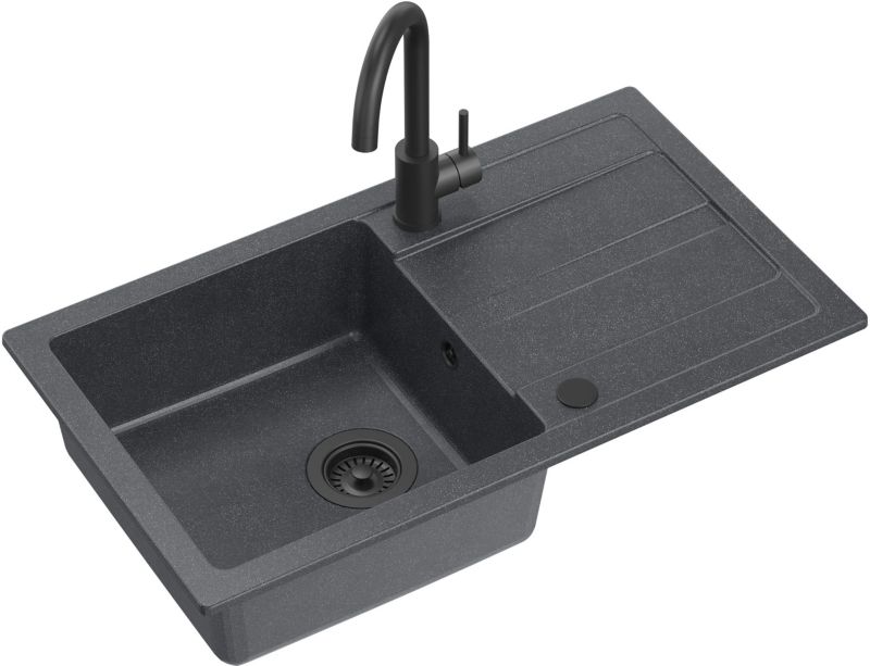 Zlewozmywak GraniteQ Quadron Go Max 77x44 cm czarny z baterią stalową QFix 1 szt.