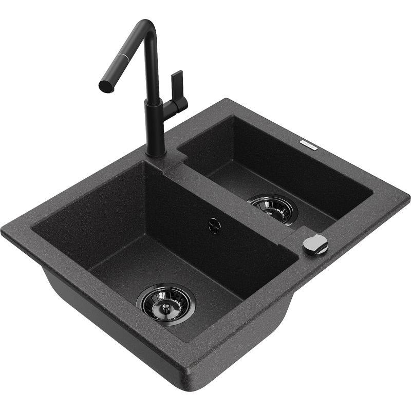 Zlewozmywak granitowy 1.5-komorowy Mexen Carlos z baterią kuchenną Flora czarny nakrapiany 6518-76-670401-70-B