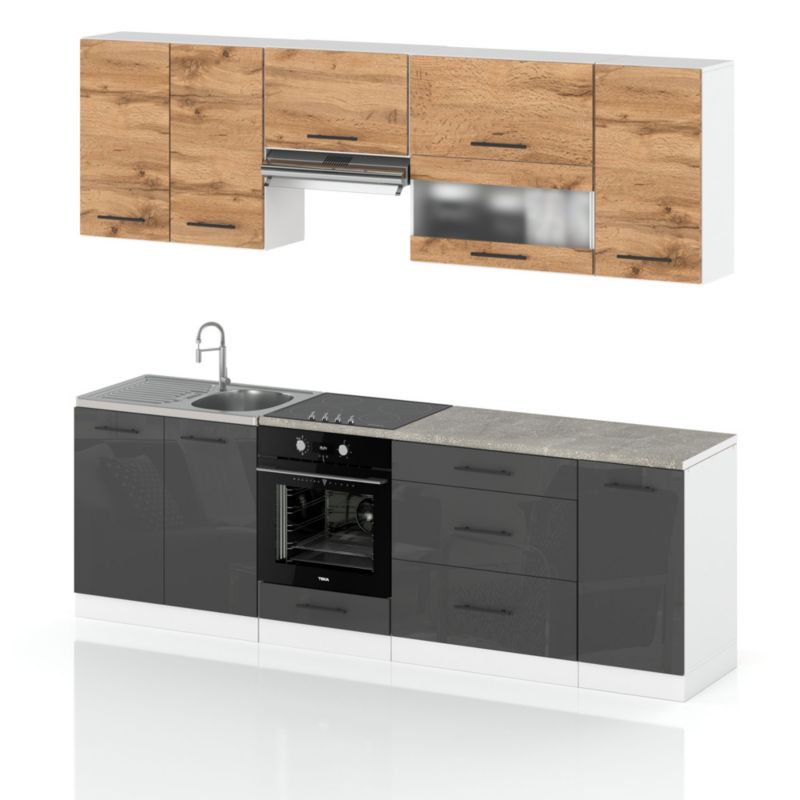 Zestaw Kuchenny Hurtownia-Mebli Z Blatem Kuchnia Marocco 260cm Biały Mat Dąb Wotan/Szary Połysk 260x52x157 cm 1szt.
