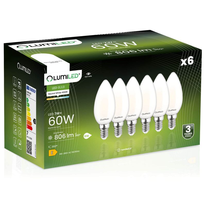 Żarówka LED LUMILED E14 B35 7W 806lm 4000K 360st FILAMENT 6 szt.