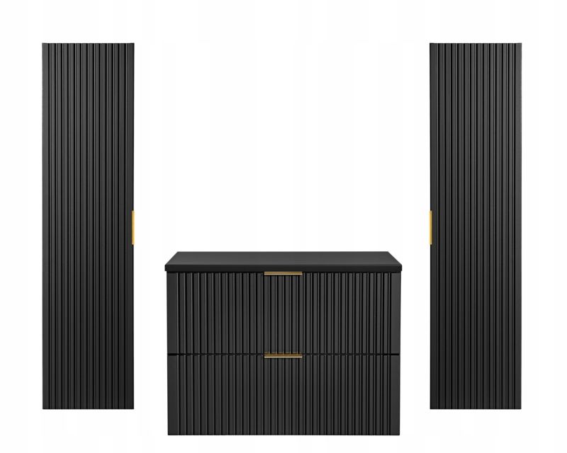 Szafka pod umywalkę i słupki Furnidea 80 cm + 140 cm czarny ryflowany Adel zestaw