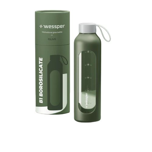 Butelka na wodę, Wessper, motywacyjna, bidon, w etui silikonowym, szklana, 1L, oliwkowa