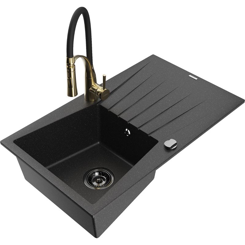 Zlewozmywak granitowy 1-komorowy Mexen Cesar z ociekaczem i baterią kuchenną Aster czarny/srebrny metalik 6514-73-73450-57-B