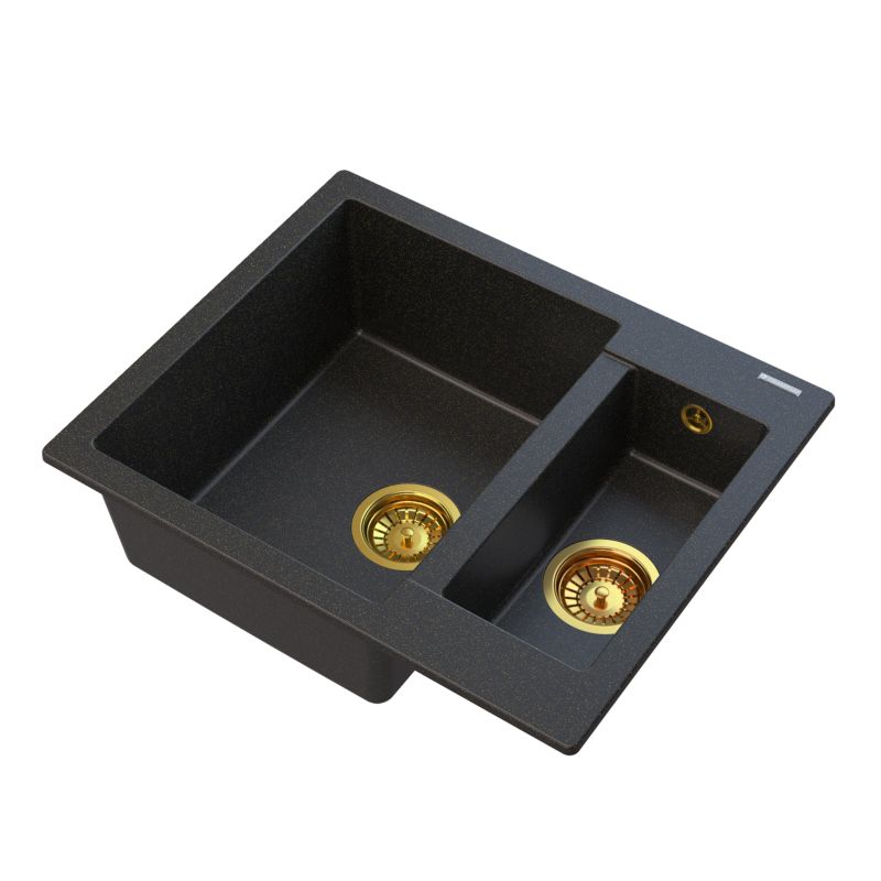 Zlewozmywak Granitowy Czarny Z Drobinkami Złotego Granitan Kos Zestaw Zlew Syfon Złoty 1 szt.