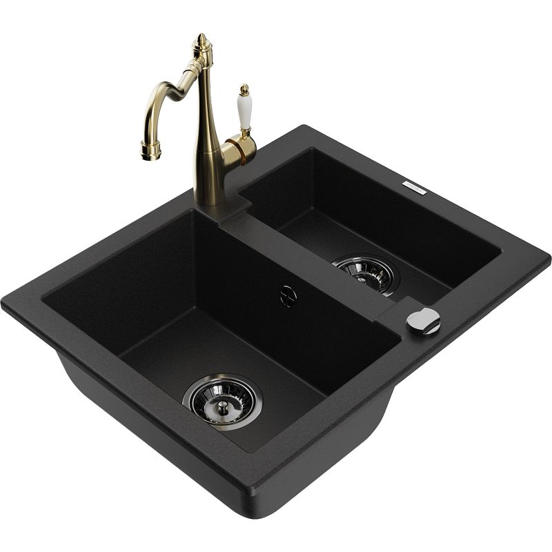 Zlewozmywak granitowy 1.5-komorowy Mexen Carlos z baterią kuchenną Carla czarny 6518-77-670700-50-B