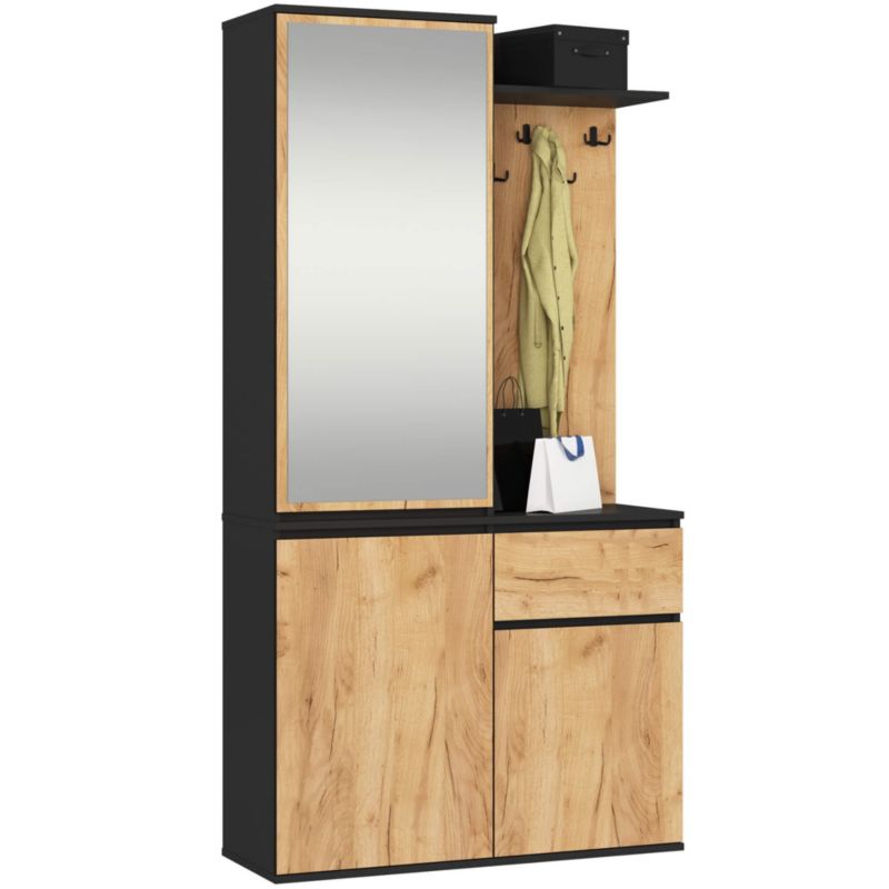Zestaw do przedpokoju z lustrem AKORD ENTRO Czarny, Dąb Craft 95 cm 1 szuflada 3 drzwi 7 półek 95x35x183 cm 1 zestaw