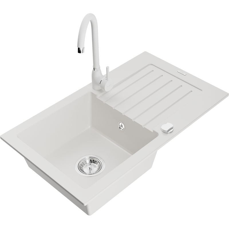 Zlewozmywak granitowy 1-komorowy Mexen Pablo z ociekaczem i baterią kuchenną Telma biały 6510-20-670200-20