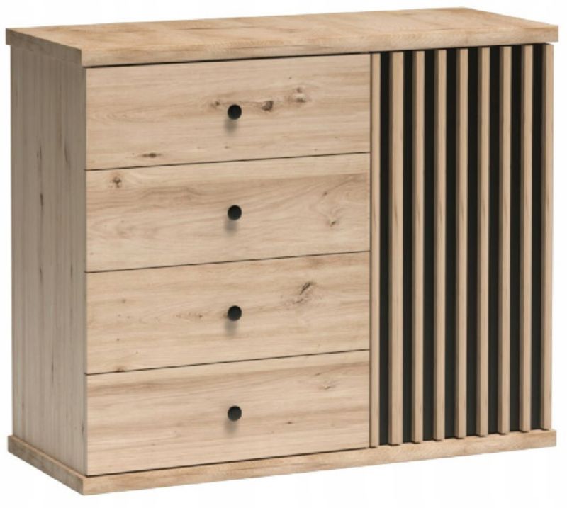 Szafka Komoda Furnidea 102 cm dąb artisan czarny lamelowa CALI z szufladami i drzwiami 1 szt.
