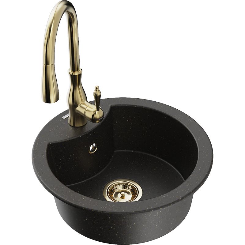 Zlewozmywak granitowy 1-komorowy Mexen Diego z baterią kuchenną Savita czarny/złoty metalik 6512-75-672601-50