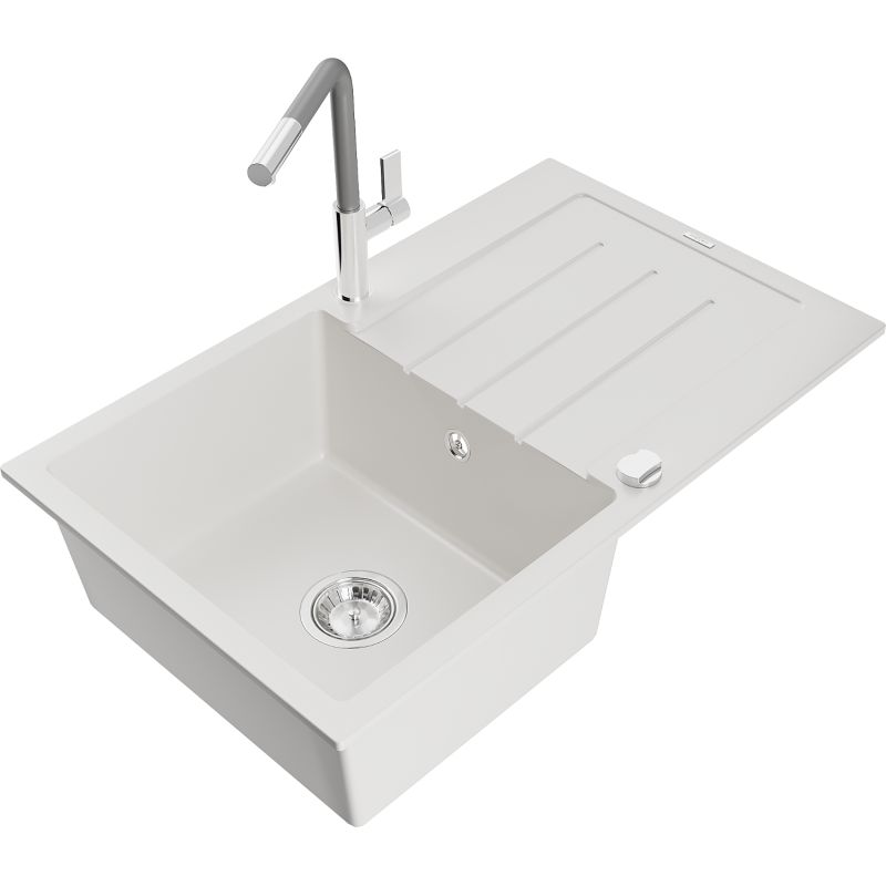 Zlewozmywak granitowy 1-komorowy Mexen Bruno z ociekaczem i baterią kuchenną Flora biały 6513-20-670401-06