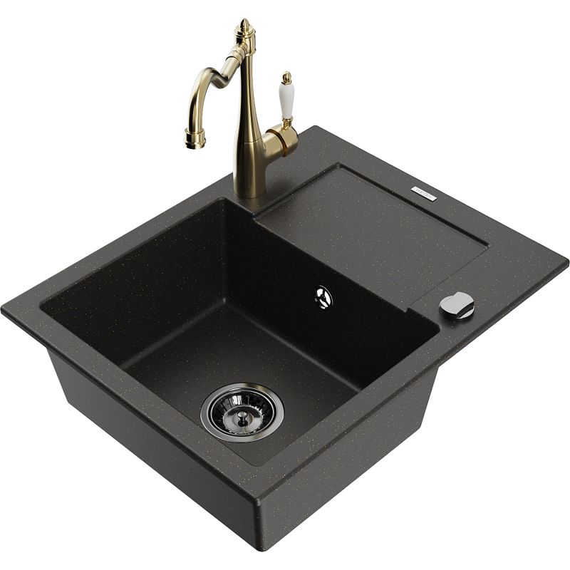 Zlewozmywak granitowy 1-komorowy Mexen Enzo z ociekaczem i baterią kuchenną Carla czarny/złoty metalik 6506-75-670700-50-B