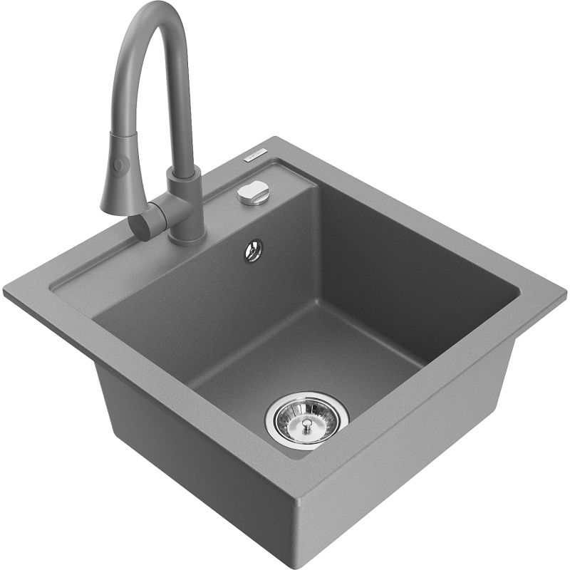 Zlewozmywak granitowy 1-komorowy Mexen Vito z baterią kuchenną Elia szary 6503-71-670101-71