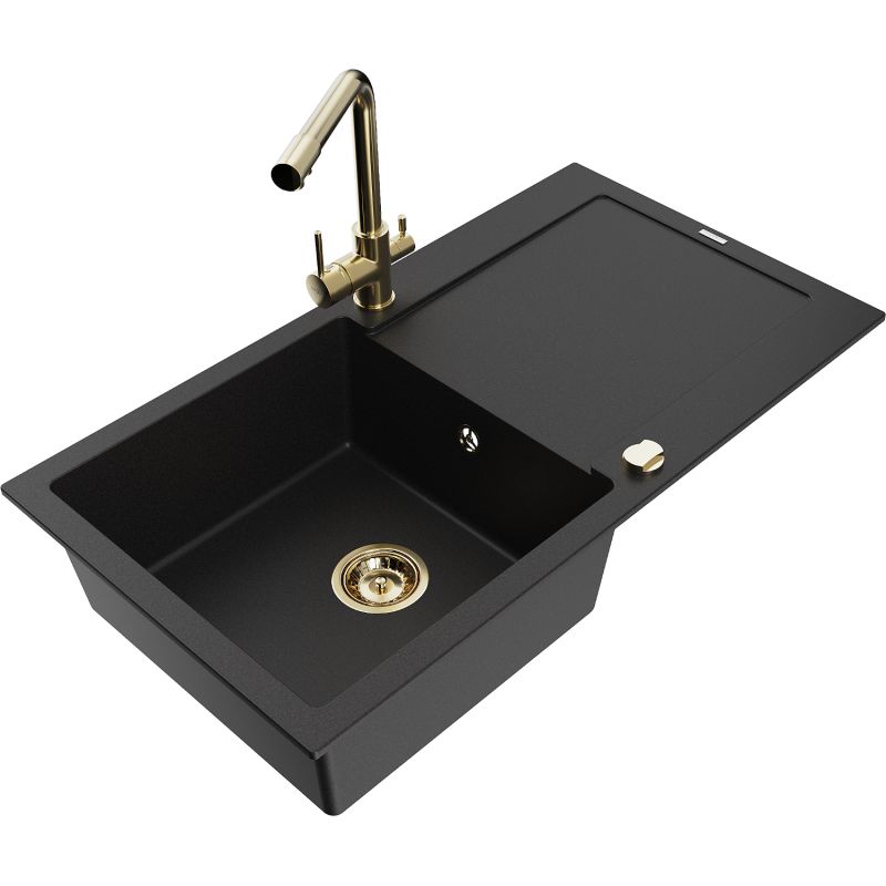 Zlewozmywak granitowy 1-komorowy Mexen Leo z ociekaczem i baterią kuchenną Duero czarny 6501-77-671600-50