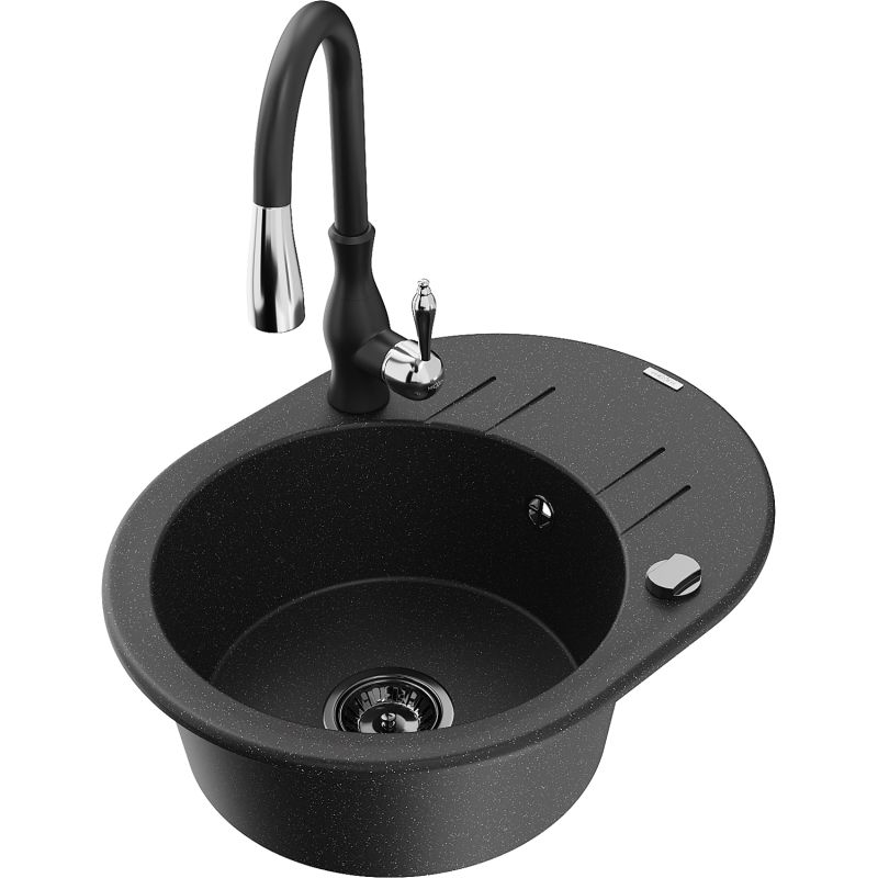 Zlewozmywak granitowy 1-komorowy Mexen Kevin z ociekaczem i baterią Savita czarny/srebrny metalik - 6517-73-672601-00 1 szt.