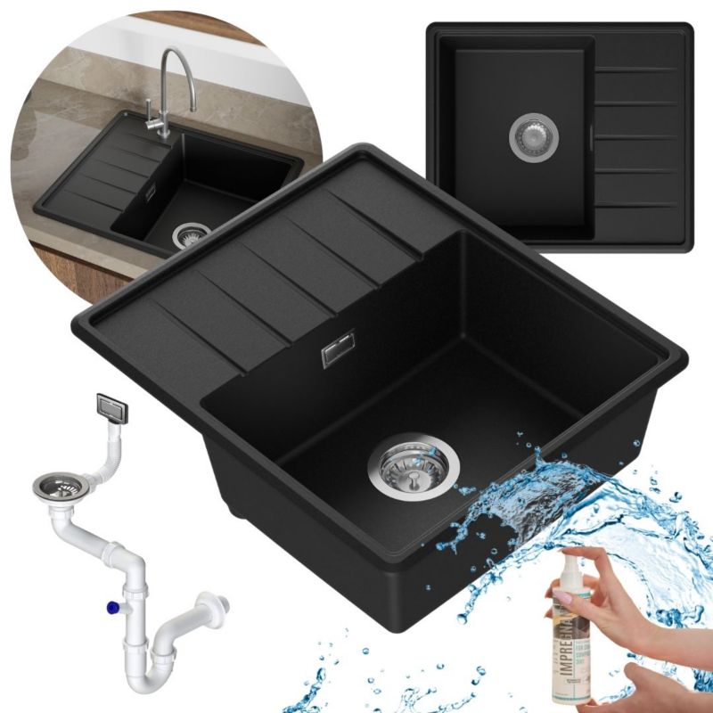 Zestaw zlewozmywak kuchenny GranMaster Fondo 1-komorowy z ociekaczem, impregnatem, syfon - czarny metalik 1szt.