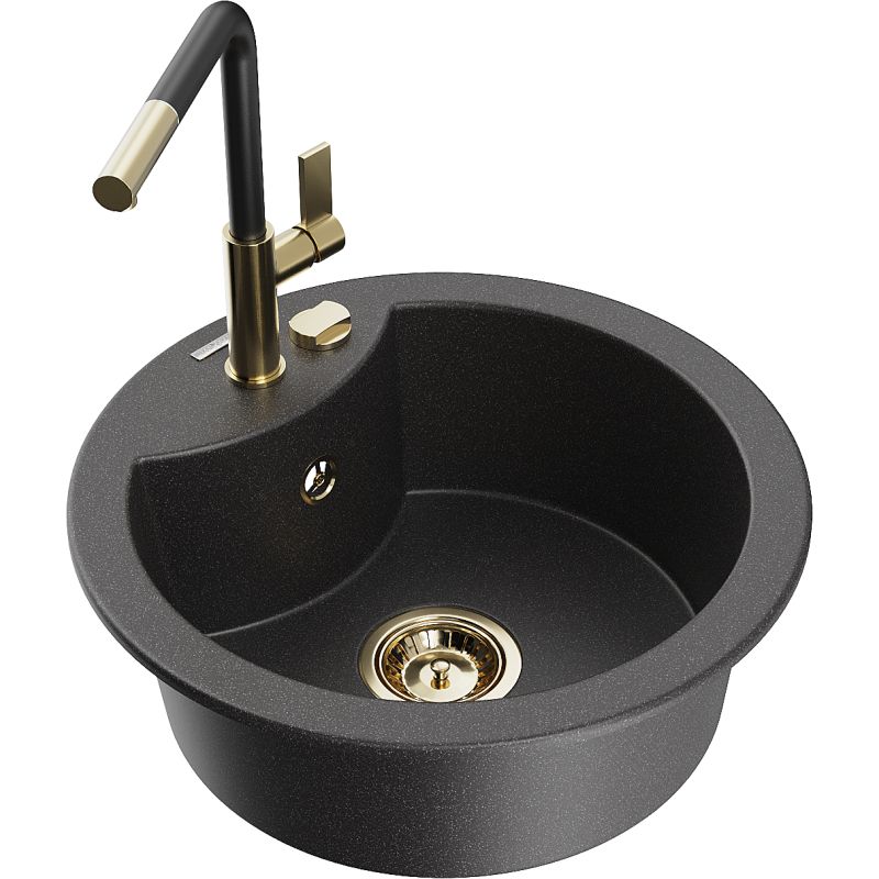 Zlewozmywak granitowy 1-komorowy Mexen Diego z baterią kuchenną Flora czarny/srebrny metalik - 6512-73-670401-70-B 1 szt.