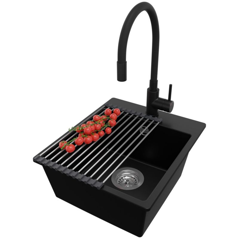 Zlewozmywak Granitowy Ryga Easy PRIMAGRAN Nablatowy 38x44cm do szafki od 40cm z Syfonem i Baterią i Dodatkiem Czarny 1 szt.