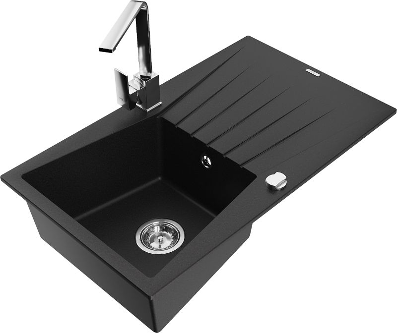 Zlewozmywak granitowy Mexen Cesar 1-komorowy z ociekaczem i baterią kuchenną Rita czarny - 6514-77-670300-70-B 1 szt.