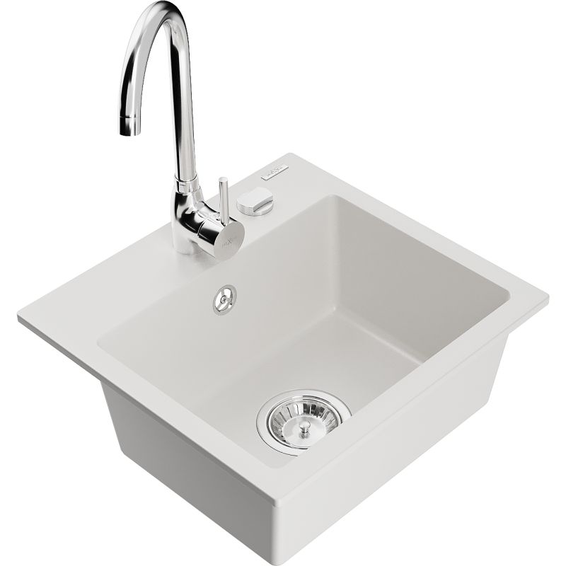 Zlewozmywak granitowy 1-komorowy Mexen Milo z baterią kuchenną Telma biały 6505-20-670200-00