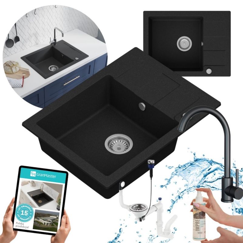 Zestaw zlewozmywak kuchenny GranMaster Quadrato 1-komorowy z ociekaczem, syfonem impregnatem oraz baterią, czarny metalik 1szt.