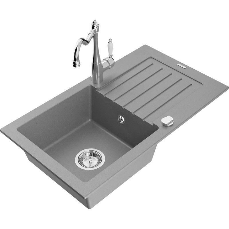 Zlewozmywak granitowy 1-komorowy Mexen Pablo z ociekaczem i baterią kuchenną Carla szary 6510-71-670700-00