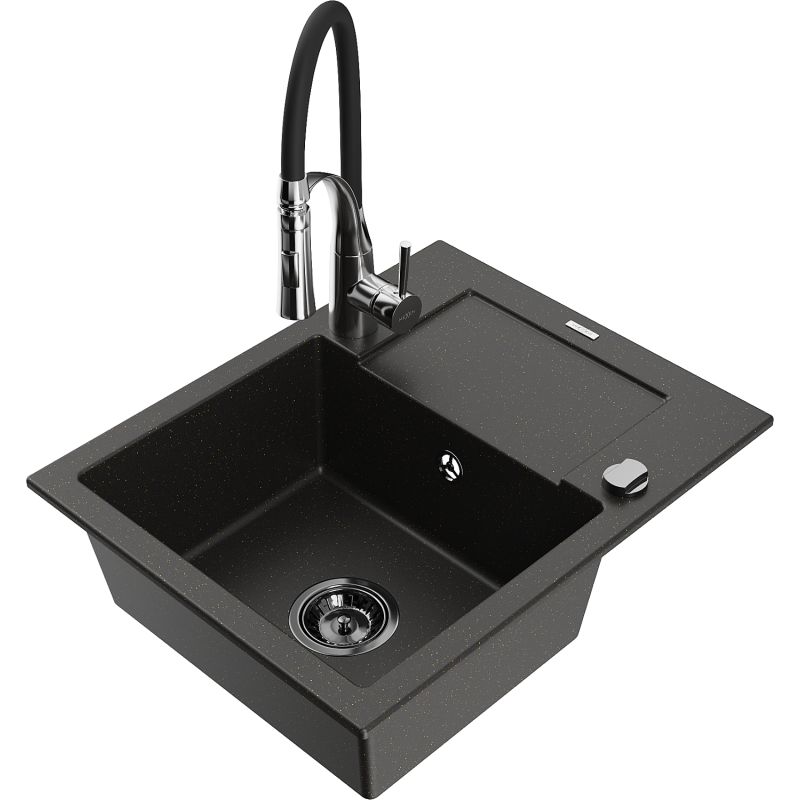 Zlewozmywak granitowy 1-komorowy Mexen Enzo z ociekaczem i baterią kuchenną Aster czarny/złoty metalik 6506-75-73450-07-B