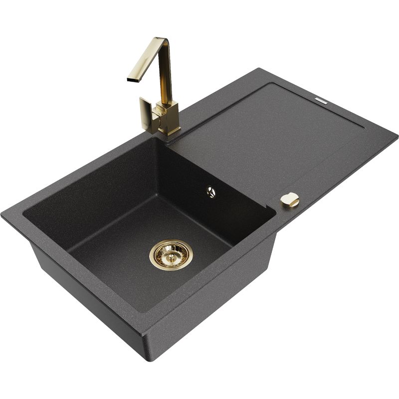 Zlewozmywak granitowy 1-komorowy Mexen Leo z ociekaczem i baterią kuchenną Rita czarny nakrapiany 6501-76-670300-50