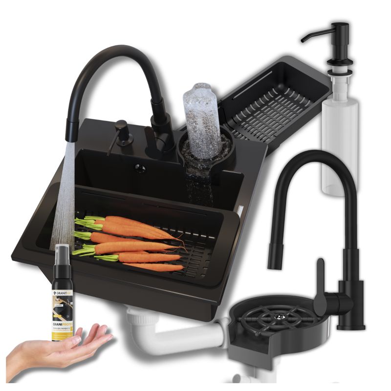 Zlewozmywak granitowy czarny Granitan Mini Zestaw Bateria Syfon Myjka Dozownik 1kpl.