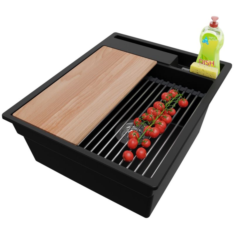 Zlewozmywak Oslo Pocket PRIMAGRAN Nablatowy 43x53cm do szafki od 45cm, Czarny + Syfon + Akcesoria, S095, 1 szt.