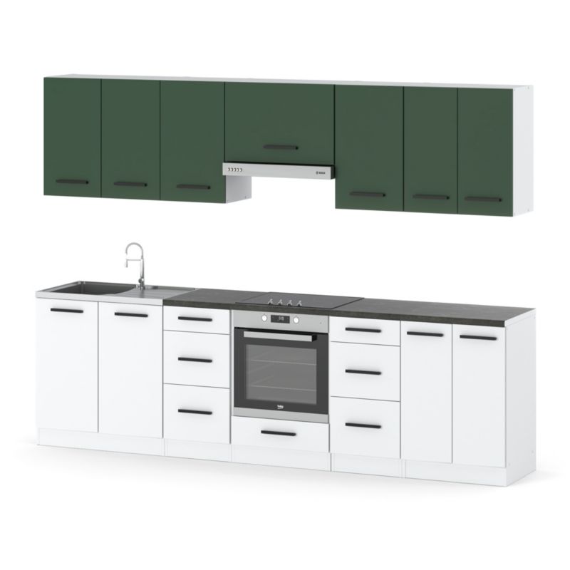 Zestaw Kuchenny Hurtownia-Mebli Z Blatem Kuchnia Roma 280cm Biały Mat Butelkowa Zieleń/Biały Mat 280x47x145 cm 1szt.