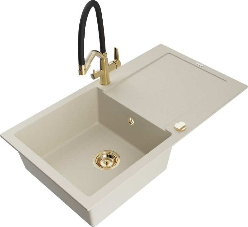 Zlewozmywak granitowy Mexen Leo 1-komorowy z ociekaczem i baterią kuchenną Duo beżowy - 6501-69-671701-07 1 szt.