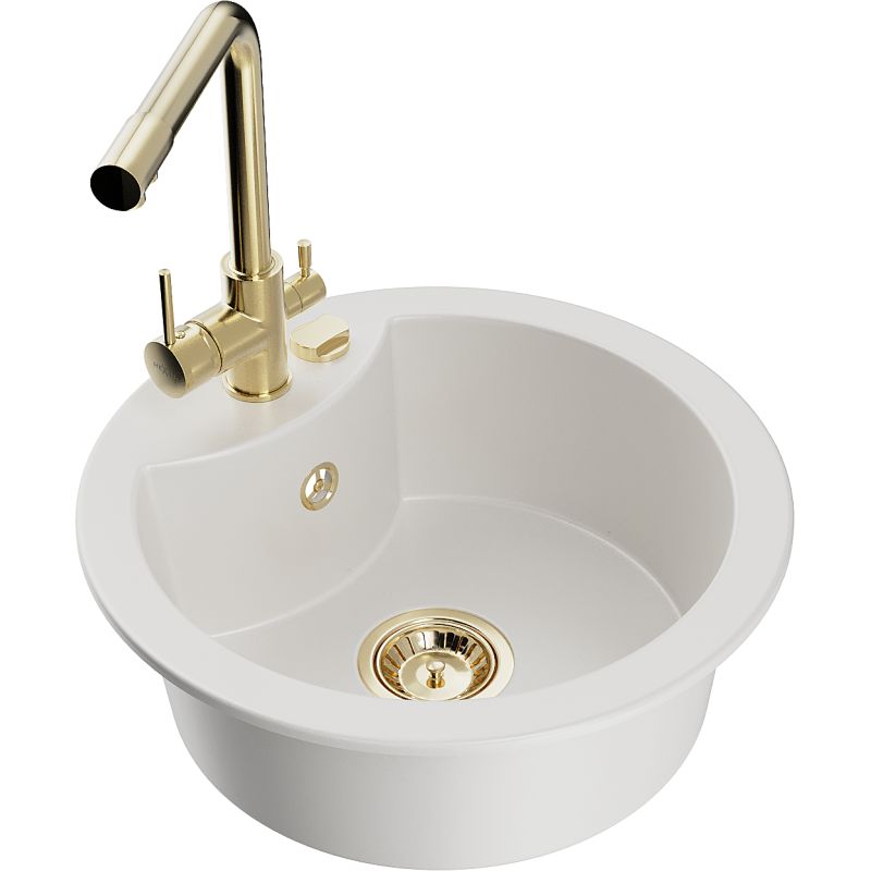 Zlewozmywak granitowy 1-komorowy Mexen Diego z baterią kuchenną Duero biały 6512-20-671600-50