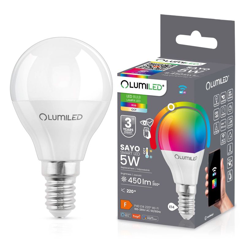 Żarówka LED Lumiled E14 P40 5W 450lm RGB CCT Ściemnialna Inteligentna Tuya WiFi Smart 1 szt.
