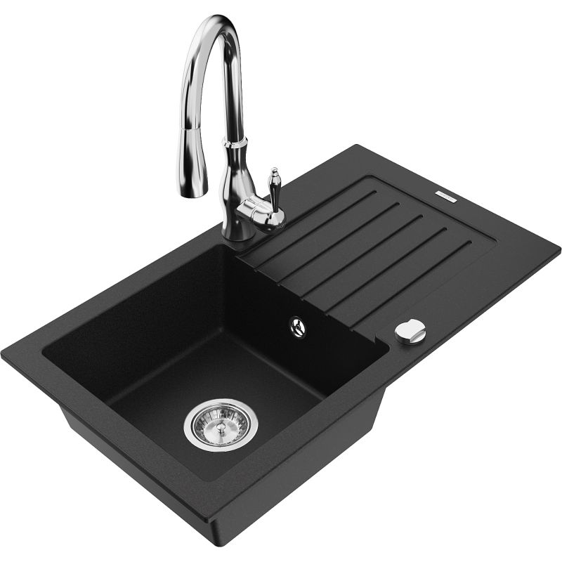 Zlewozmywak granitowy 1-komorowy Mexen Pablo z ociekaczem i baterią kuchenną Savita czarny - 6510-77-672601-70 1 szt.