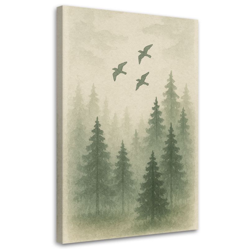 Obraz Japandi Feeby Sosny Ptaki Las Akwarela Zielony Naturalny 80x120cm 1szt